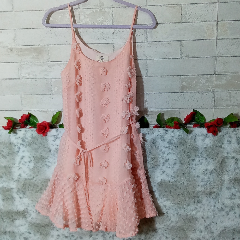 Entro mini dress with belt, 3D flowers, strappy tank flare Peach